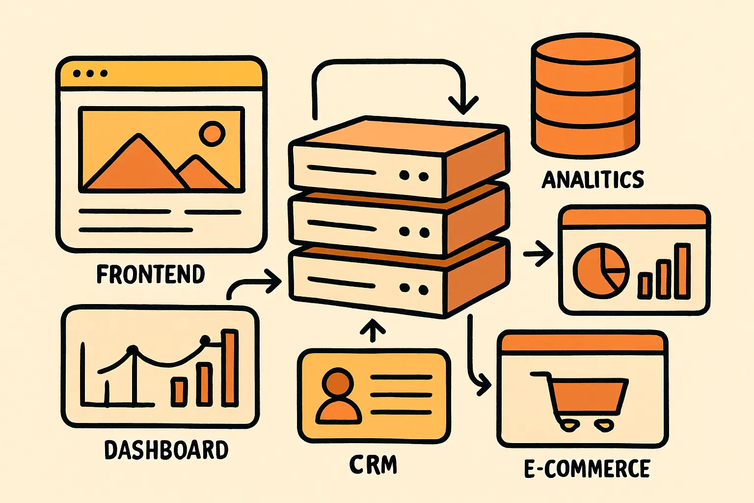 Ilustración de arquitectura web empresarial con módulos conectados y crecimiento digital