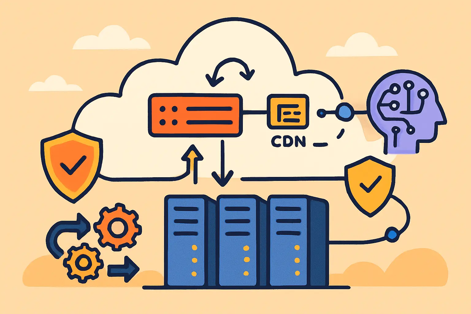 Ilustración de infraestructura web escalable con nube, seguridad, automatización e integraciones