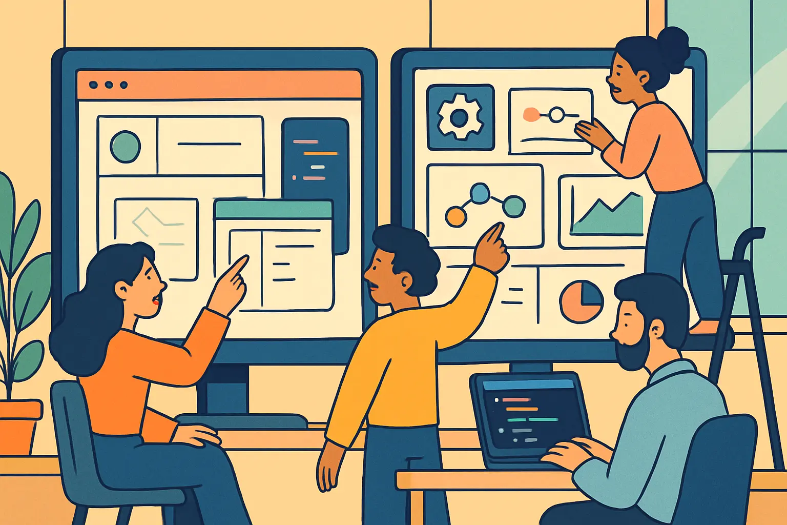 Ilustración de un equipo desarrollando una solución web a medida para una empresa con integraciones y automatizaciones